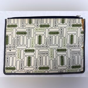 Coach Green and White Envelope/Passport Case Leather Trim Signature Logo